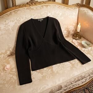 St John Long Sleeve Ribbed Santana Knit Shell Top Black V Neck Womens Small